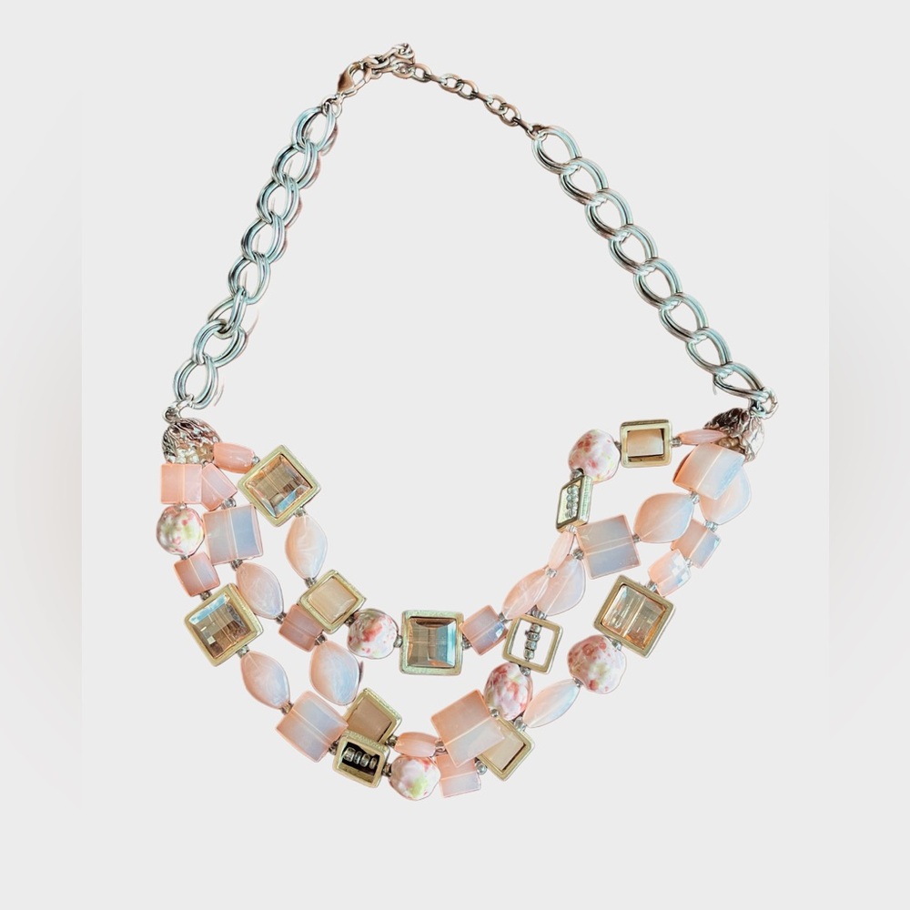 Chunky Pastel Statement Necklace Pink Peach Gold Beaded Layered Bib Necklace - Picture 3 of 4